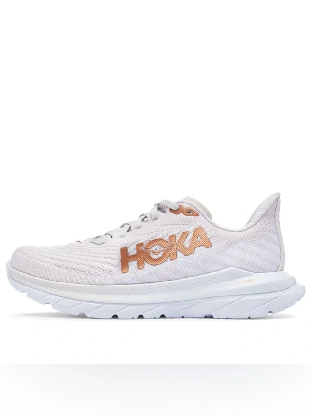 Hoka Mach 5 White Athletic Running Shoe with Rose Gold Logo